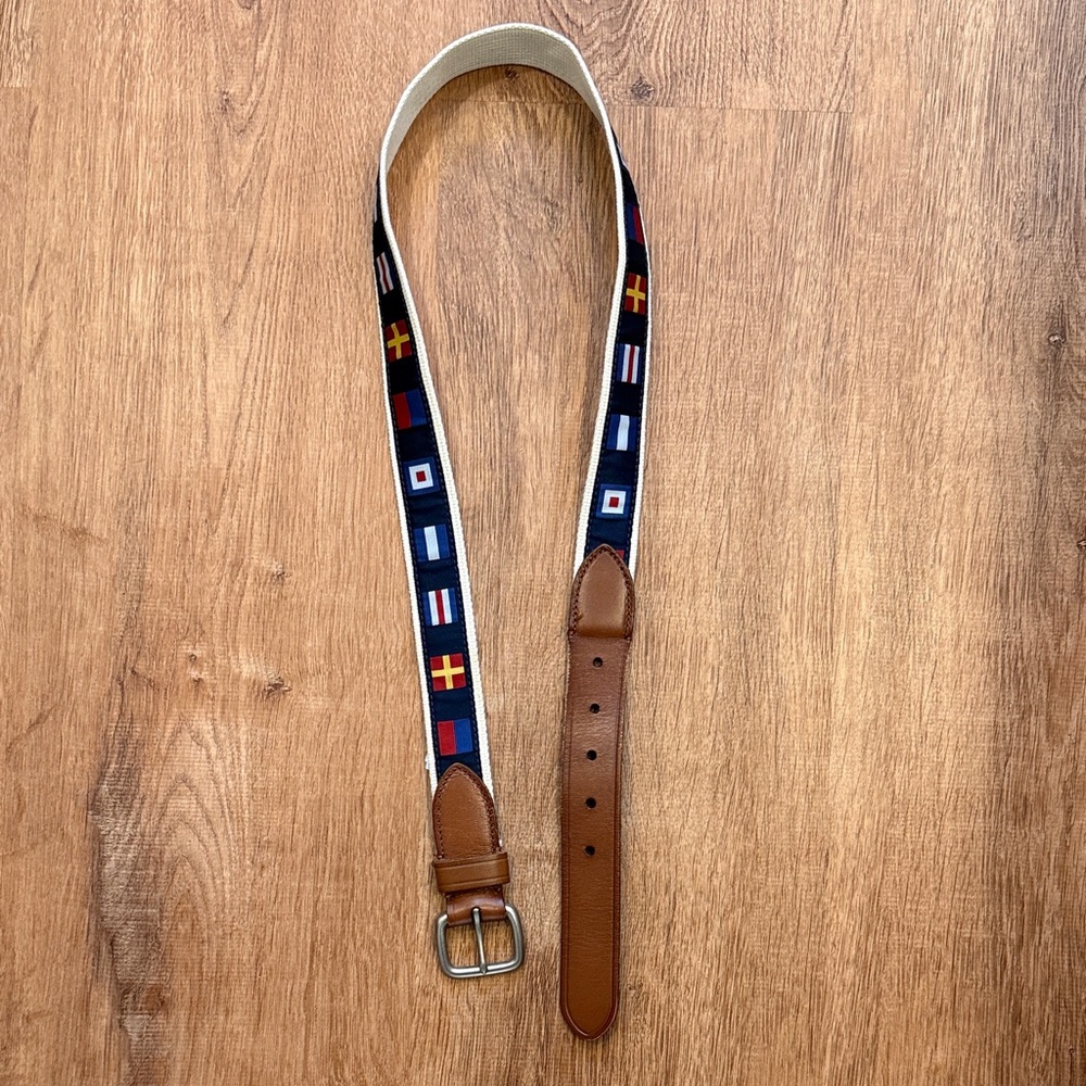 J. Crew Navy Belt with Nautical Flag Motif and Brown Leather Trim